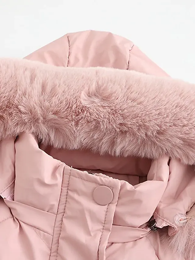 Women's Parka Puffer Jacket Winter Coat Zip up Hooded Coat with Fur Collar Drawstring Thermal Warm Heated Coat Removable Hood Fall Outerwear with Pockets Warm Classic Long Sleeve Light Blue Pink Black