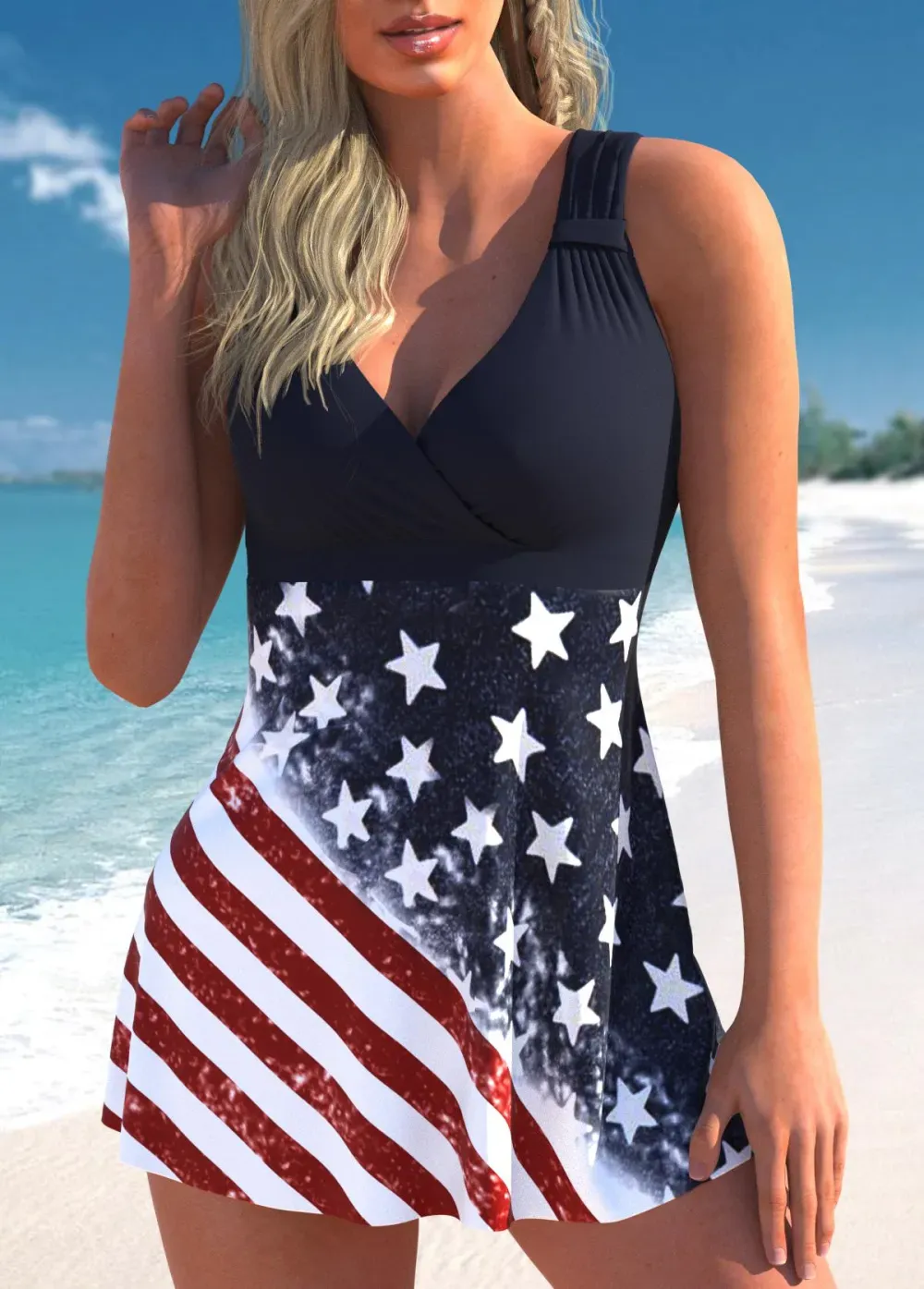 Ruched American Flag Print Multi Color Swimdress Top