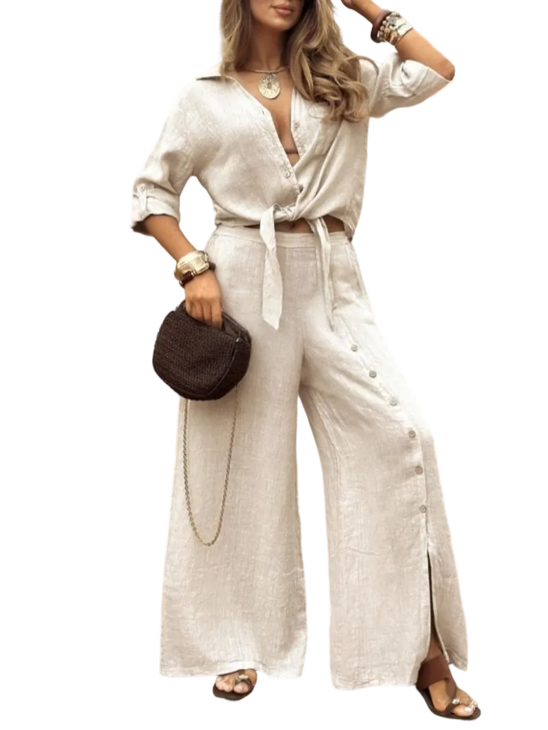 🔥 Women's Loose-Fit Long Sleeve Shirt & Wide Leg Pants Set