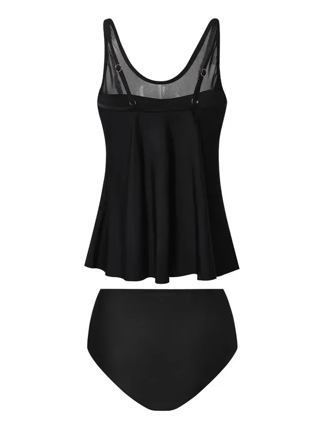 Casual Gathered Plain Scoop Neck Tankini Two-Piece Set