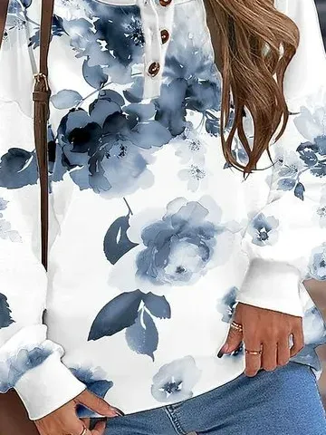 Casual Crew Neck Floral Sweatshirt Buckle