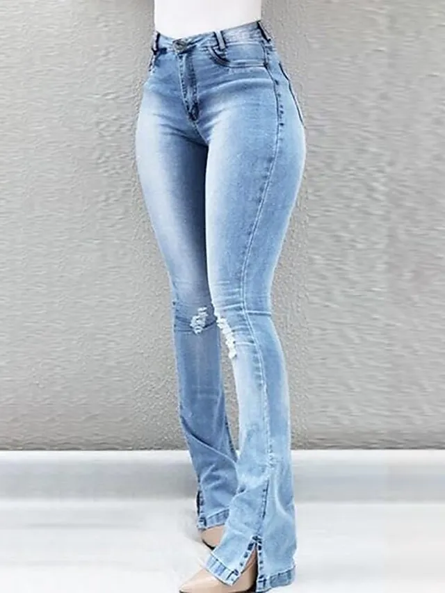 Women‘s Flare Jeans Pants Trousers Full Length Denim Split High Elasticity High Waist Fashion Casual Office Vacation Light Blue bule S M Autumn / Fall