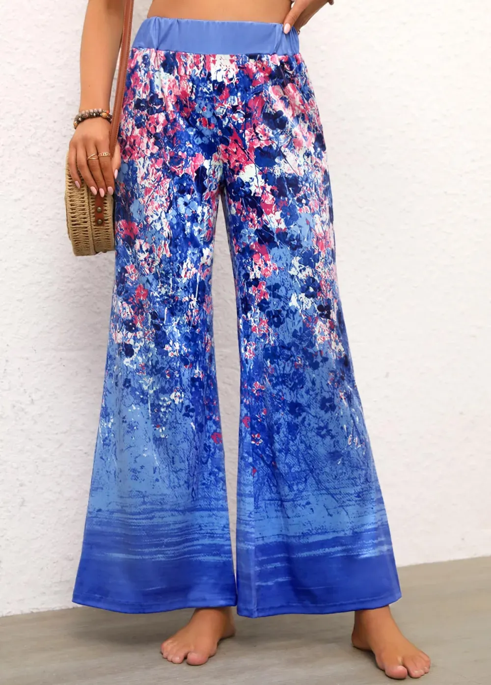 Blue Ditsy Floral Print Elastic Waist Pants