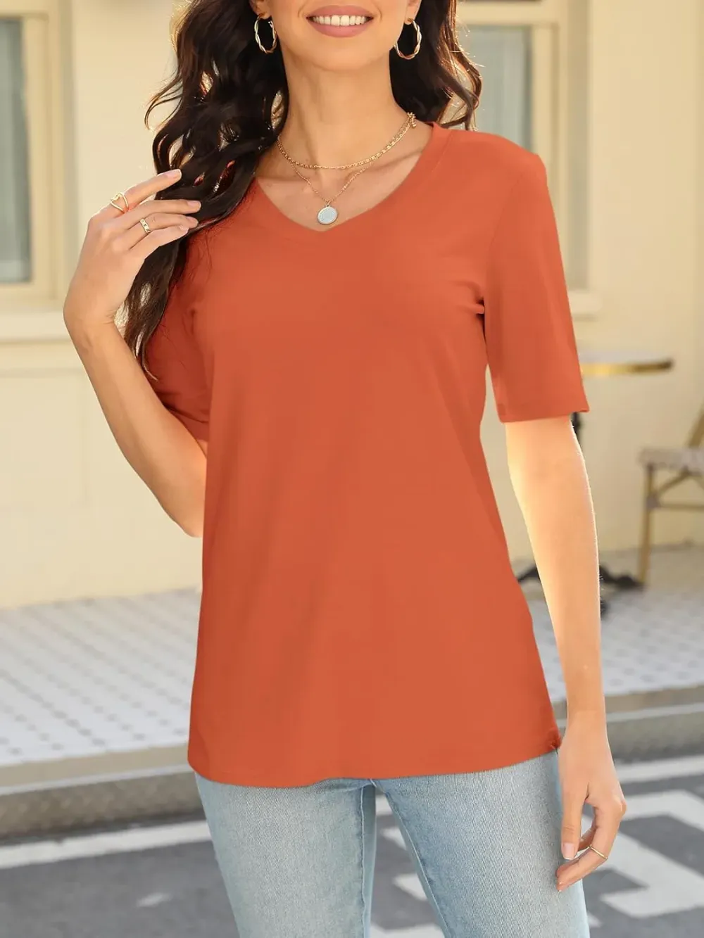 ORANDESIGNE Women's Color Block Short Sleeve T Shirts Casual V Neck Summer Tops Tees Loose Fit Blouses