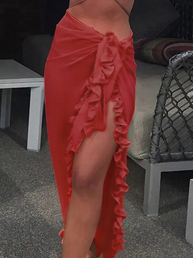 Women's Swimwear Cover Up Swim Shorts wrap Normal Swimsuit Ruffle Pure Color Black White Yellow Pink Red Bathing Suits New Vacation Fashion