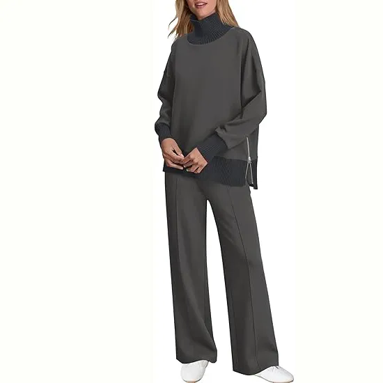 Women's 2-Piece Lounge Set 🧶 | Cozy Knit Turtleneck Top & Matching Pants Outfit