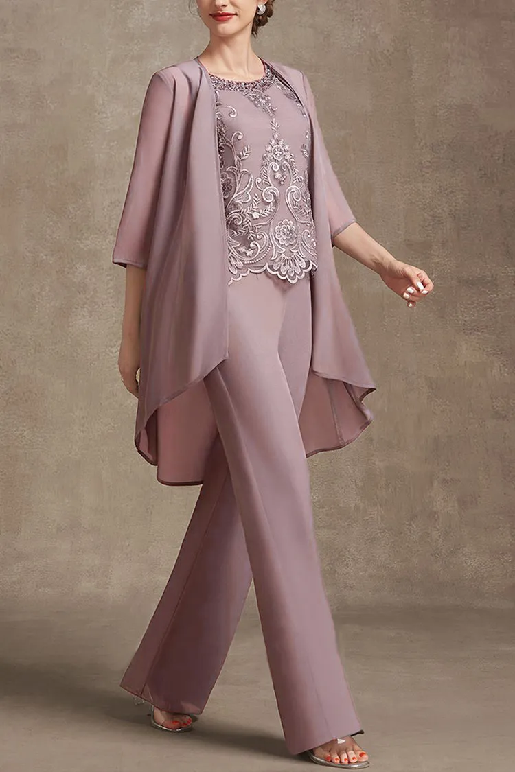 Plus Size Embroidery Chiffon Three Pieces Set Pant Suits