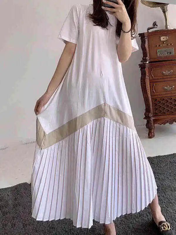 Original Pleated Splicing Loose Short Sleeve Round-Neck Dress