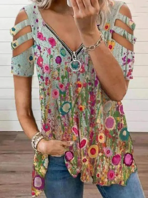 Women Short Sleeve V-neck Floral Printed Geometric Top