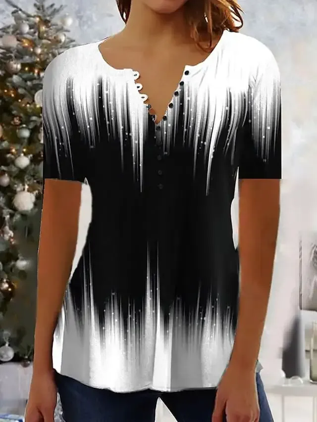 Women's Shirt Blouse White Blue Fuchsia Color Gradient Button Print Short Sleeve Casual Basic Round Neck Regular S