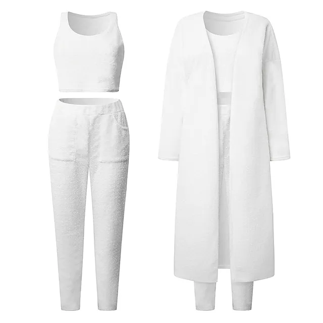 Women's Loungewear Sets Fluffy Fuzzy Sweatsuit 3 Pieces Pajama Pure Color Warm Fashion Simple Party Home Street Fleece Crew Neck Sleeveless Crop Top Pant Elastic Waist Winter Fall Black Camel