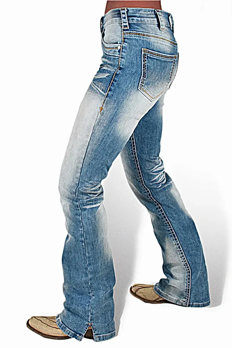 Washed Split Hem Mid Rise Bootcut Jeans