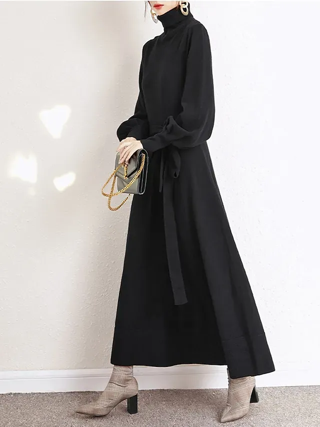 Women's Red Christmas Dress Sweater Dress Jumper Dress Midi Dress Warm Fashion Casual Plain Outdoor Christmas Daily Vacation Turtleneck Long Sleeve Lace up 2023 Regular Fit Black Wine Blue One Size