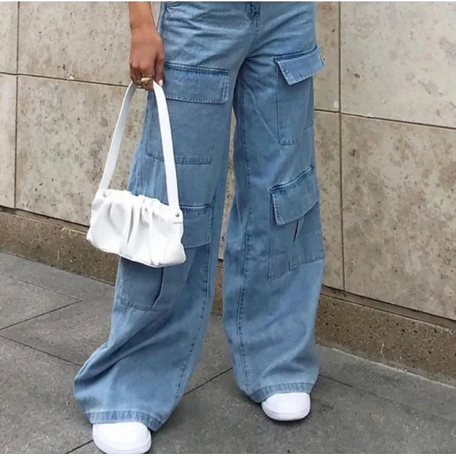 Women's Jeans Cargo Pants Baggy Full Length Denim Baggy Micro-elastic Mid Waist Fashion Casual Street Weekend Blue S M Summer Spring &  Fall