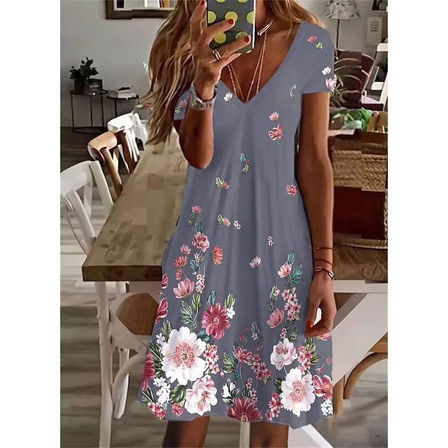 Women's Casual Dress Shift Dress Floral Dress Mini Dress Light Blue White Light Green Short Sleeve Floral Print Summer Spring V Neck Basic 2023 S M L XL 2XL 3XL 4XL