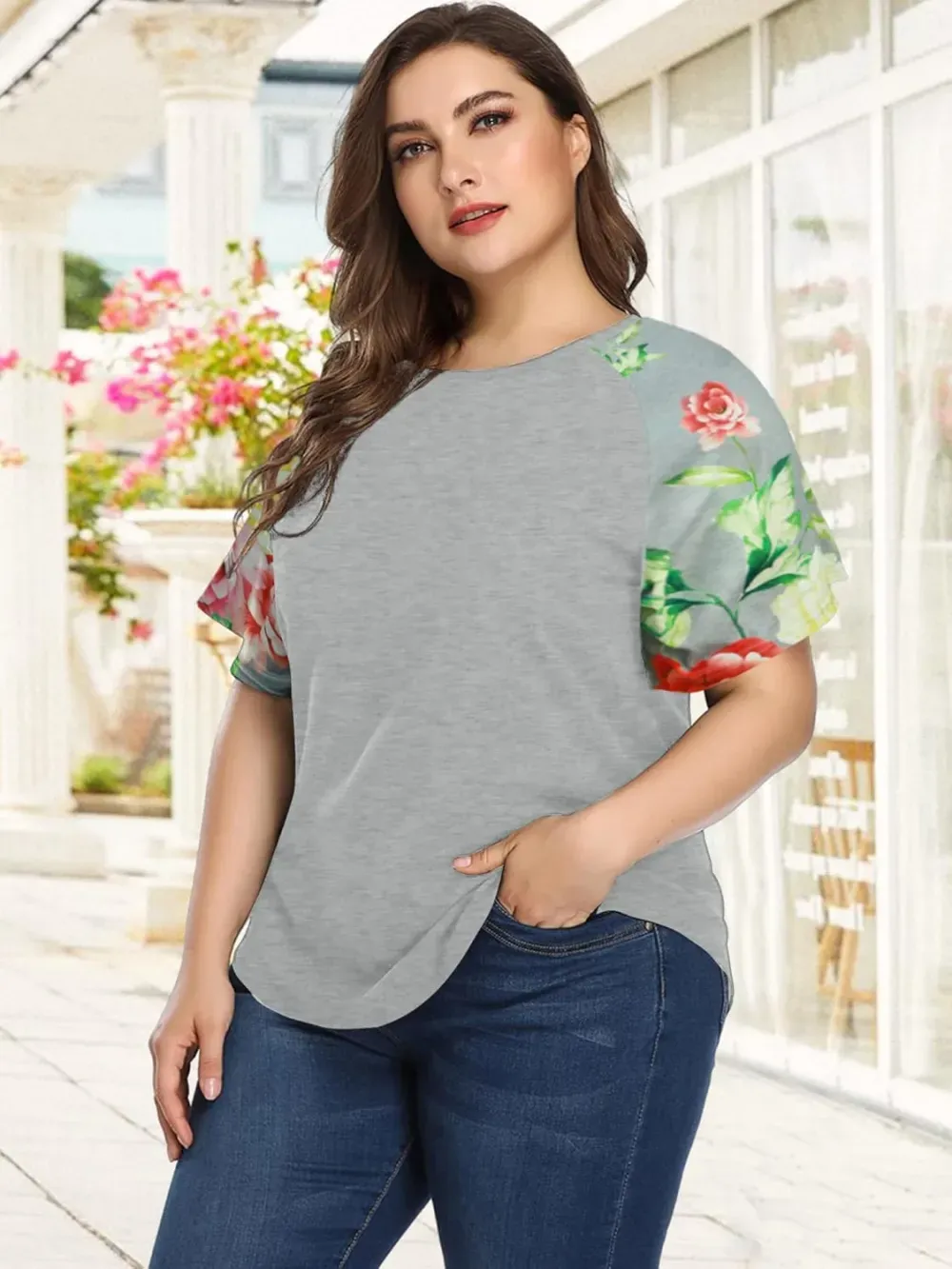 HDLTE Womens Plus Size Tops Floral Bell Sleeves Blouses Summer Crewneck Tunic Loose Casual T Shirts