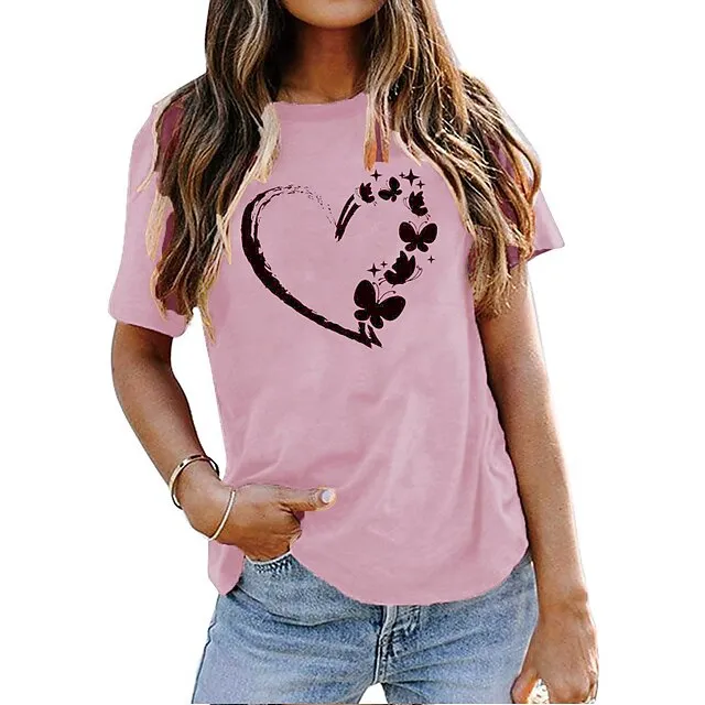 Women's T shirt Tee Cotton 100% Cotton Butterfly Heart pea green Black White Basic Print Short Sleeve Home Daily Date Basic Round Neck Regular Fit T-shirt Sleeve Summer