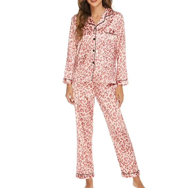 Women's Pajamas Sets Pjs 2 Pieces Leopard Stripe Fashion Simple Comfort Home Daily Vacation Satin Breathable Gift Lapel Long Sleeve Pant Button Elastic Waist Fall Spring Light Pink Black