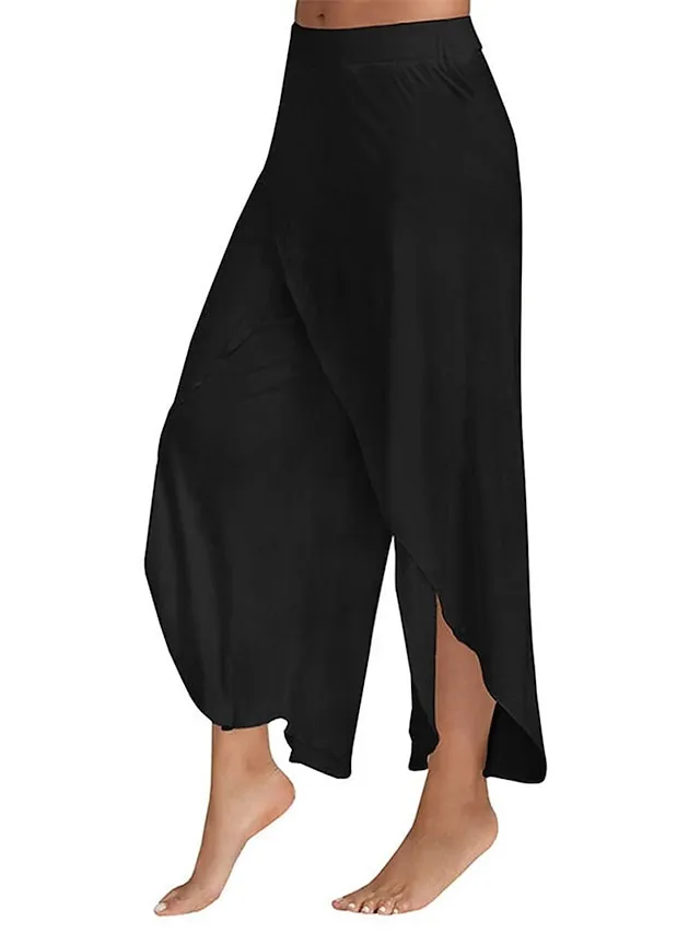 Women's Culottes Wide Leg Chinos Ruffle Layered Stretchy Mid Waist Basic Casual / Sporty Casual Daily Black White S M Summer Spring & Fall