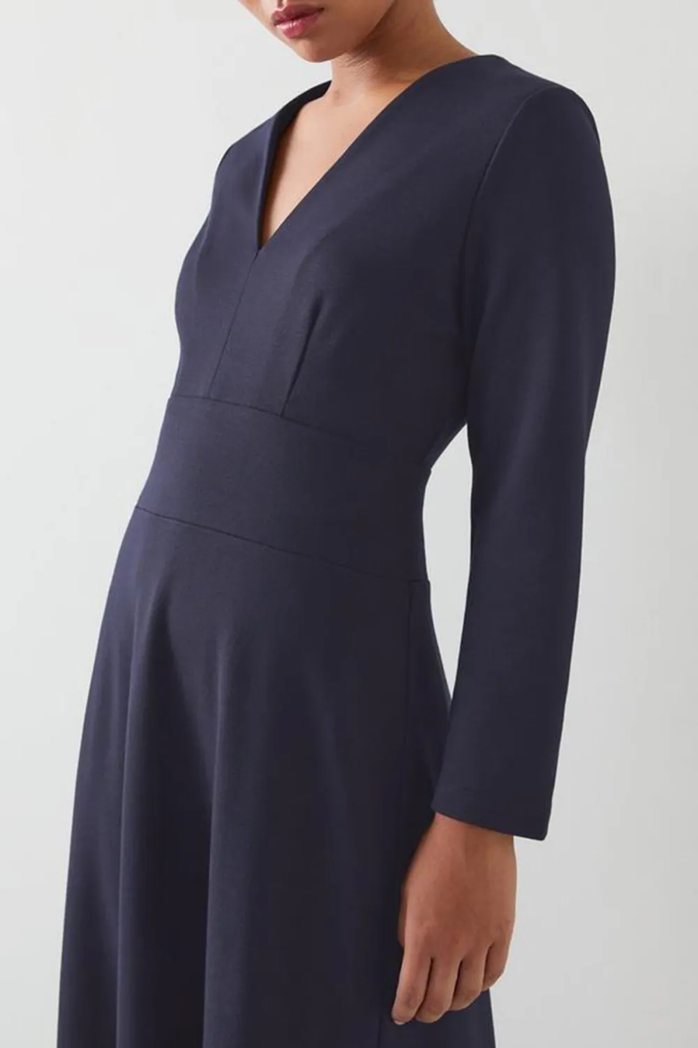 Navy Blue Long Sleeve V Neck Midi Dress