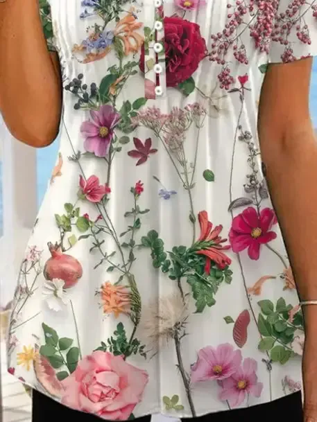 Women's Floral Printed Short Sleeve V-neck Top