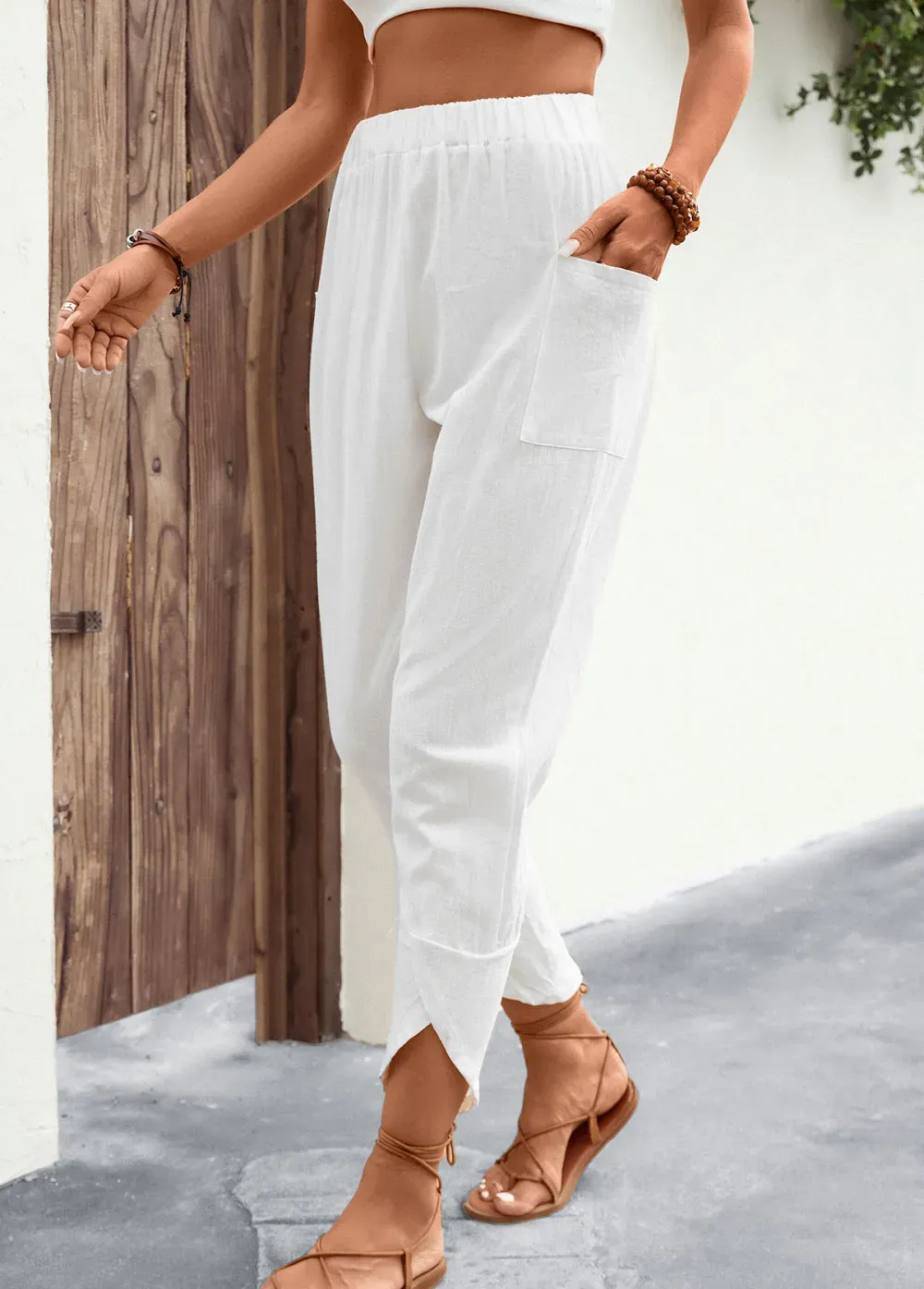 White Patchwork Jogger Elastic Waist High Waisted Pants