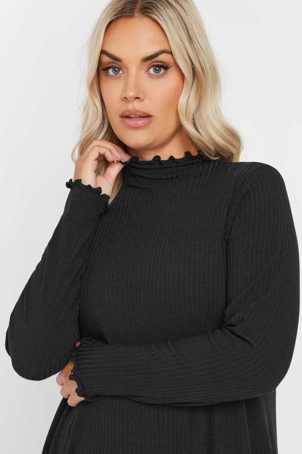 YOURS Curve Forest Green Ribbed Lettuce Hem Tunic Dress