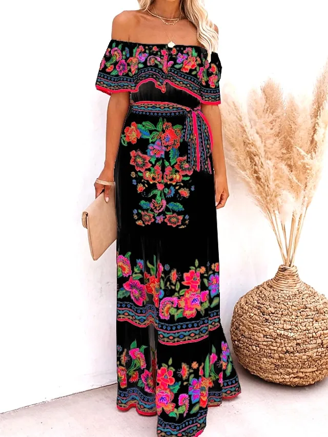 Women's Swing Dress Boho Dress Long Dress Maxi Dress Black White Yellow Short Sleeve Floral Cold Shoulder Summer Spring Off Shoulder Romantic Vacation Summer Dress Spring Dress Regular Fit 2023 S M L