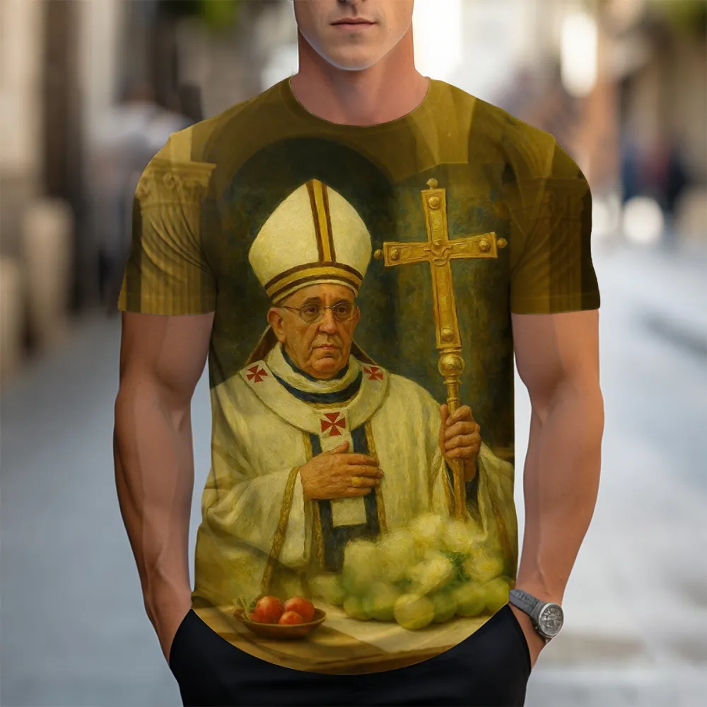 Men's 2025 Pray For Holy Father Print Short Sleeve Round Neck Cotton T-Shirt