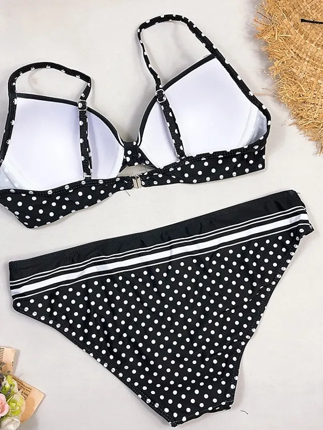 Women's Swimwear Bikini Normal Swimsuit 2 Piece Printing Polka Dot Black Bathing Suits Sports Push Up Summer