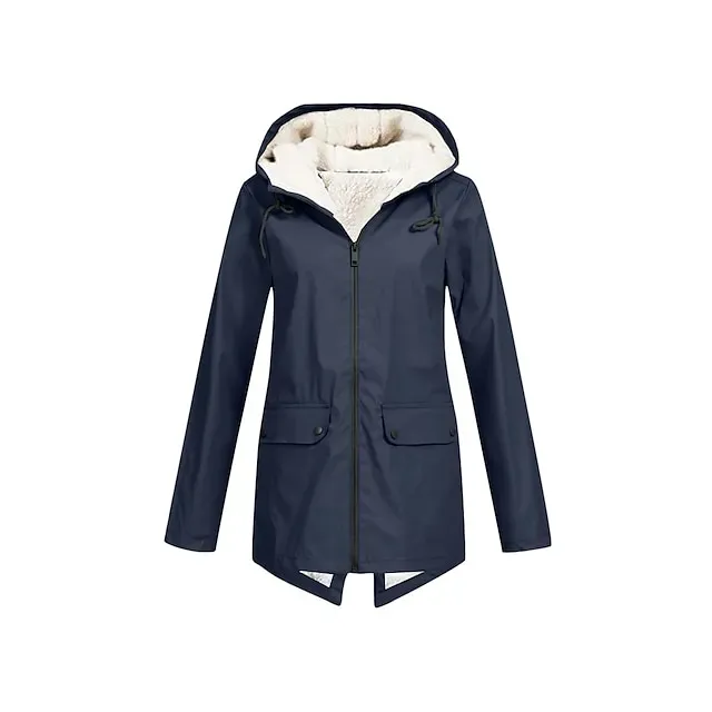 Women's Raincoat Waterproof Rain Jacket Fleece Winter Coat Windproof Trench Coat Fall Sport Outdoor Hiking Jacket Lihghtweight Zip up Hooded Jacket with Pocket Warm Long Sleeve Fall Winter Navy
