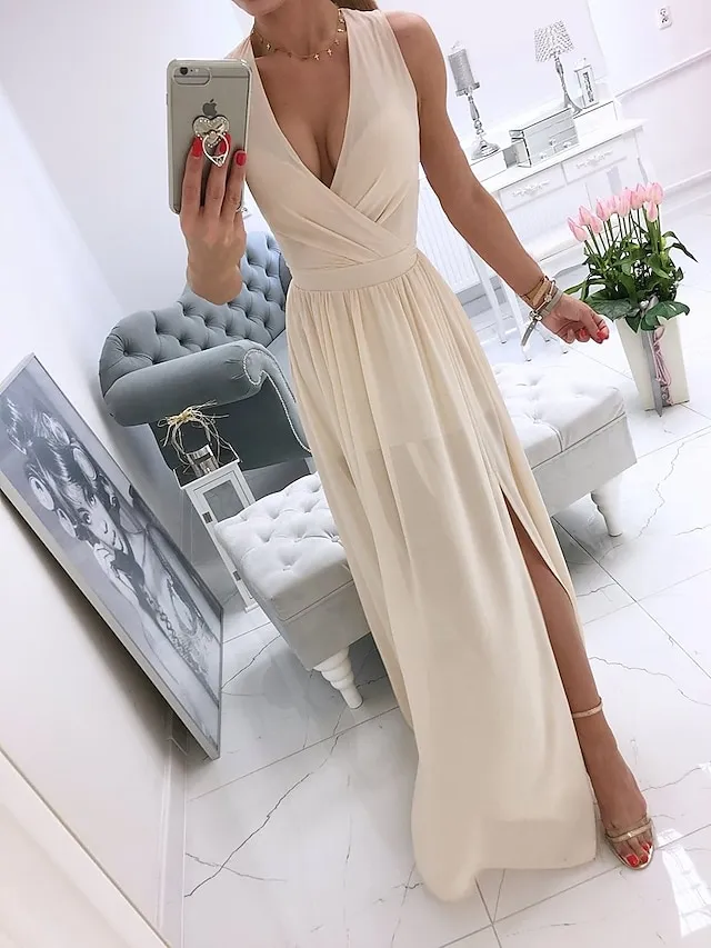 Women's Party Dress Holiday Dress Swing Dress Long Dress Maxi Dress Leather Pink White Light Green Sleeveless Pure Color Split Spring Summer V Neck Vacation Party Wedding Guest Date 2023 S M L XL 2XL