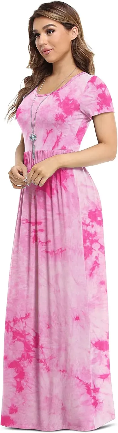 Women's Short Sleeve Loose Plain Maxi Dresses Casual Long Dresses with Pockets