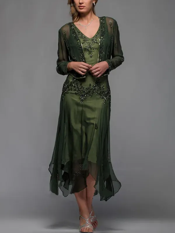 Chiffon V Neck Long Sleeve Top Dress Set