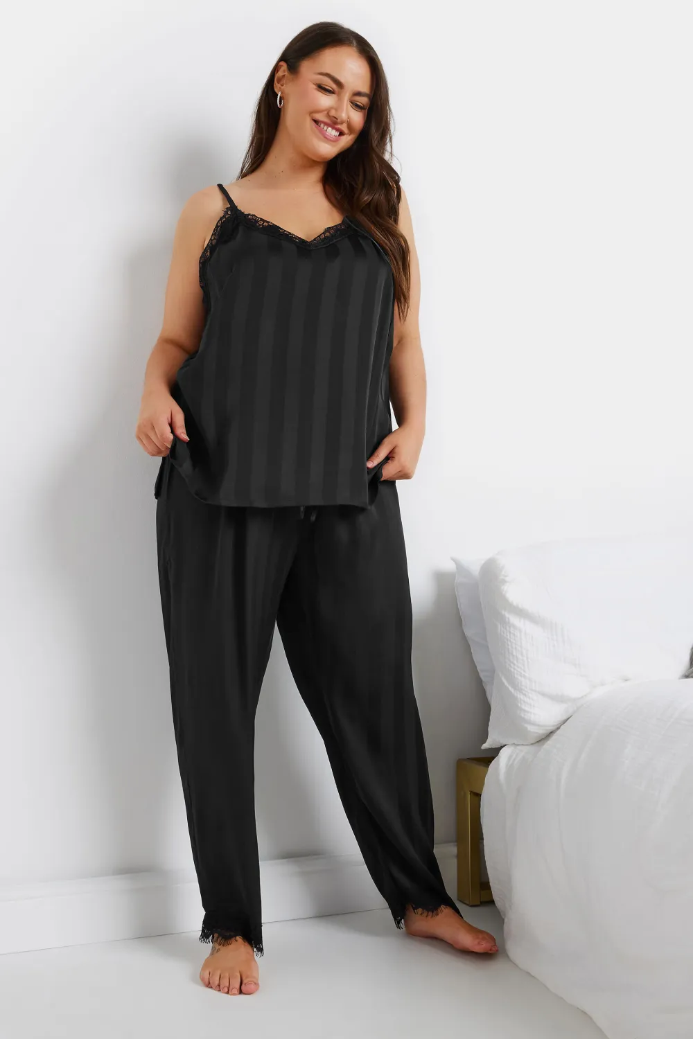 YOURS Curve Black Stripe Satin Pyjama Set
