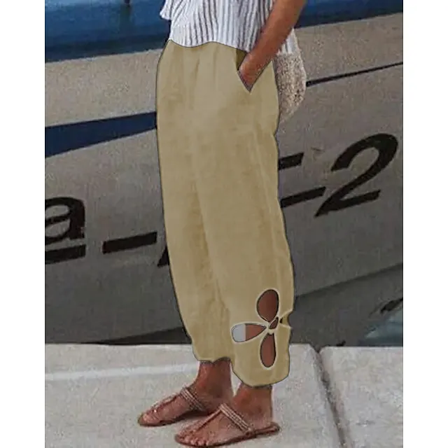 Women's Linen Pants Pants Trousers Baggy Full Length Cotton And Linen Side Pockets Baggy Fashion Casual Daily Dark Yellow Black S M