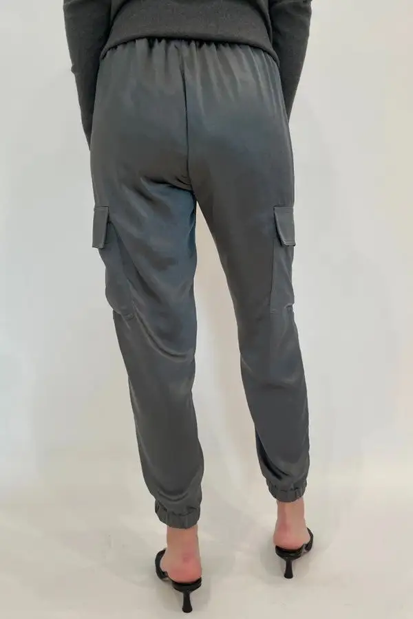 Charcoal Gray Satin Cargo Jogger Pants