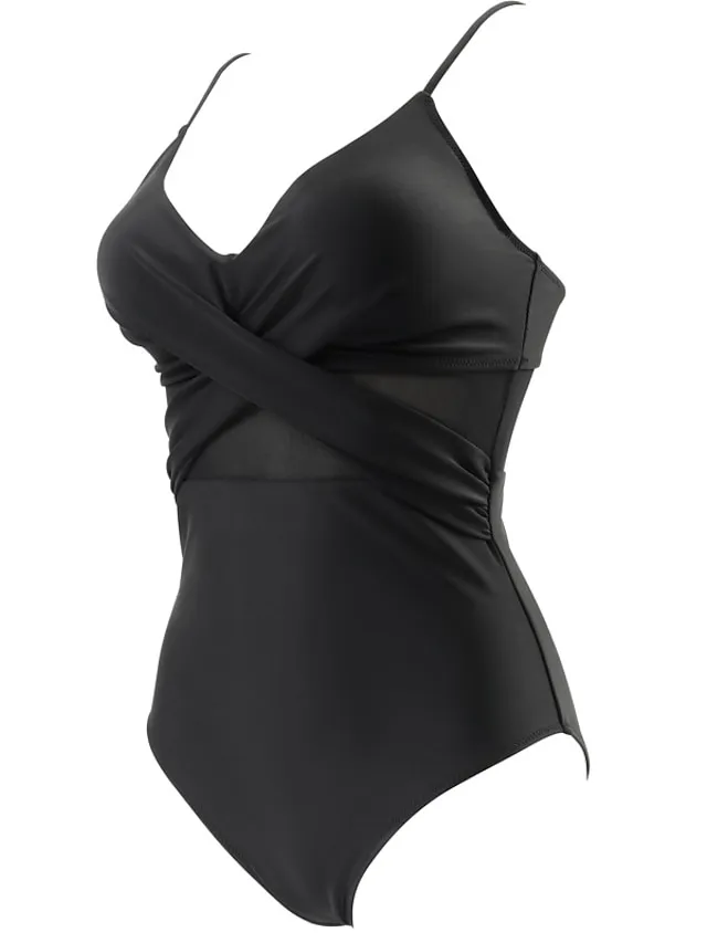 Women's Swimwear One Piece Normal Swimsuit Mesh Patchwork Plain Black Bodysuit Bathing Suits Sports Beach Wear Summer