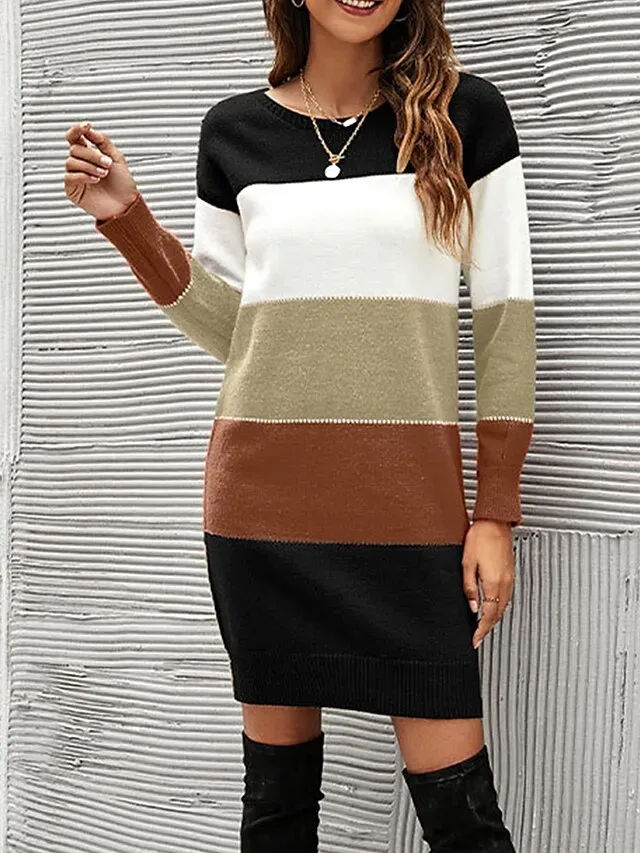 Women's Sweater Dress Jumper Dress Winter Dress Mini Dress Knitwear Fashion Streetwear Color Block Stripe Daily Date Going out Weekend Crew Neck Long Sleeve Drop Shoulder Patchwork Ribbed 2023 Loose