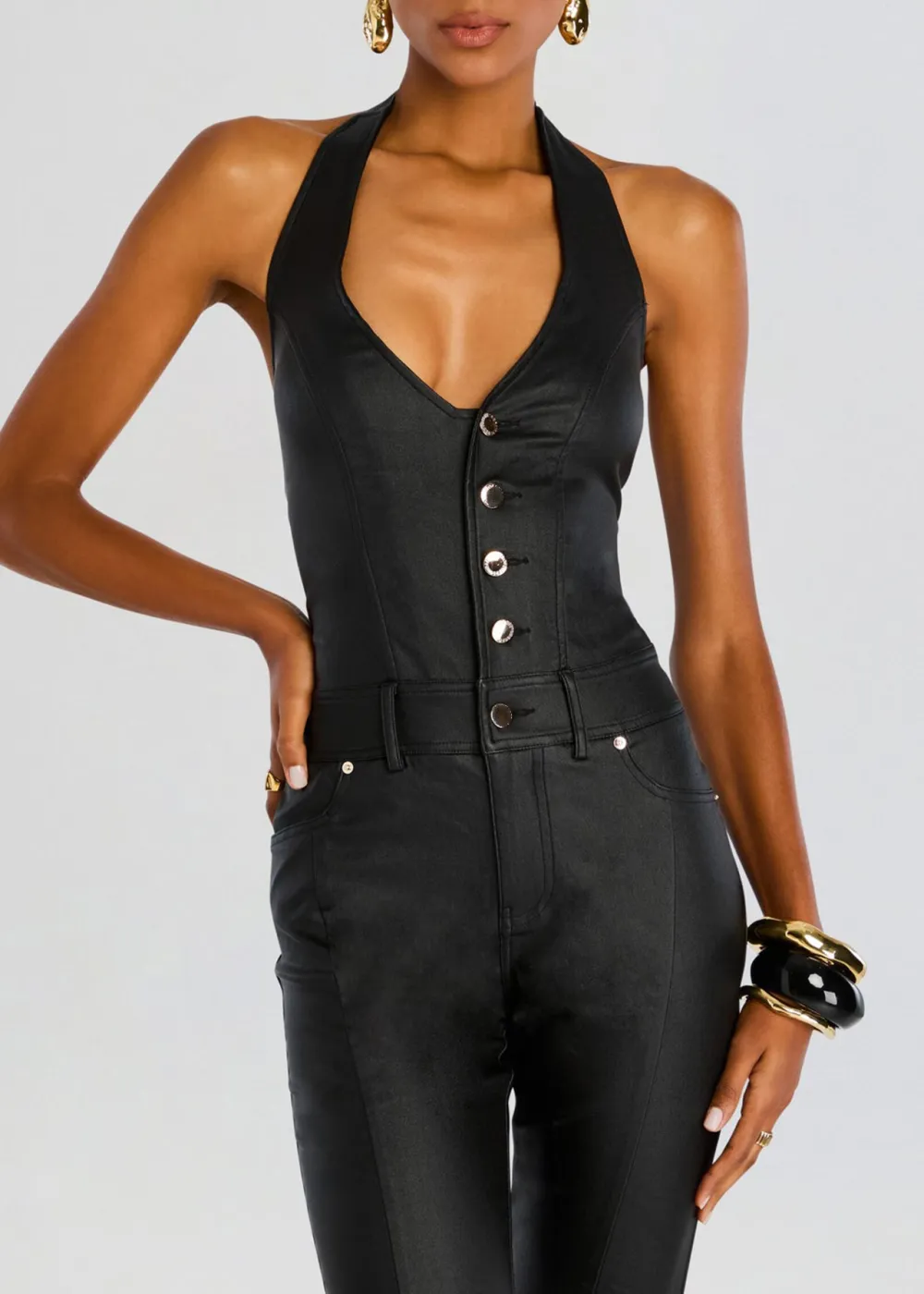 Deep V Neck Coated Denim Jumpsuit