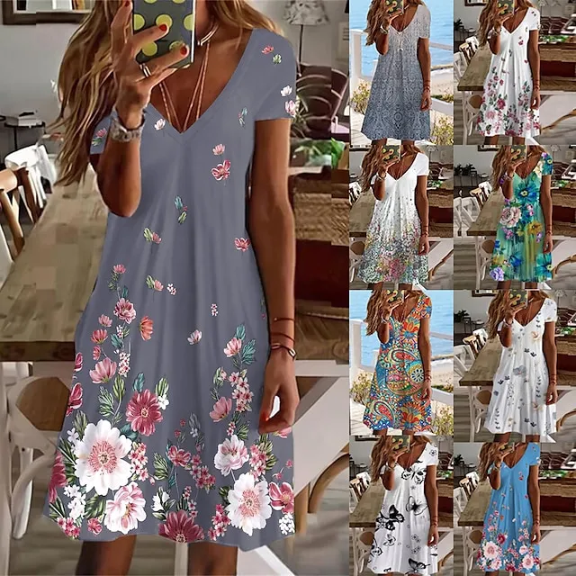Women's Casual Dress Summer Dress Print Dress Floral Print V Neck Mini Dress Active Fashion Outdoor Daily Short Sleeve Regular Fit Black And White Olive Green Colourful Summer Spring S M L XL XXL