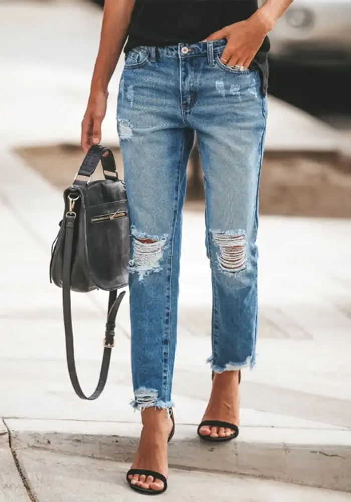 Sweetest Crop Non-stretch Ripped Washed Jeans Slim Fit