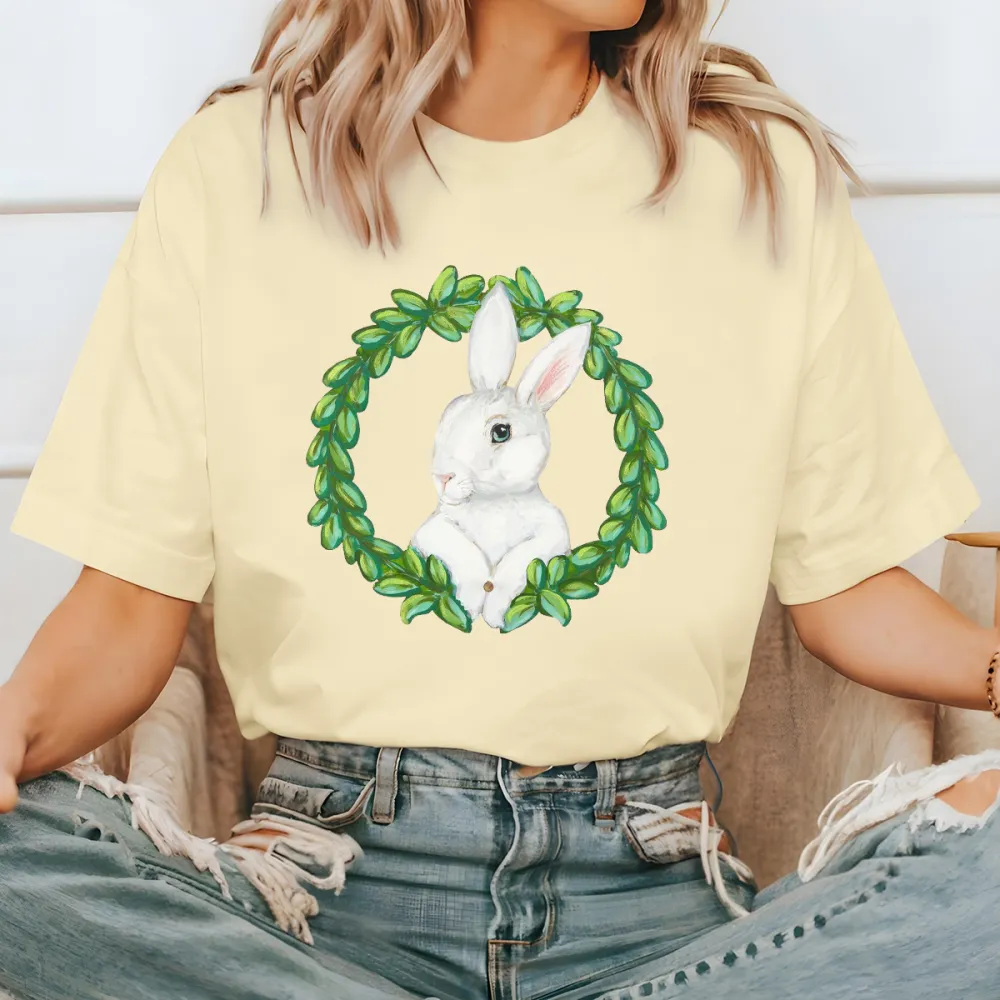Pattern Of A White Rabbit Surrounded By A Wreath Of Green Leaves, Easter, Casual T-Shirt.