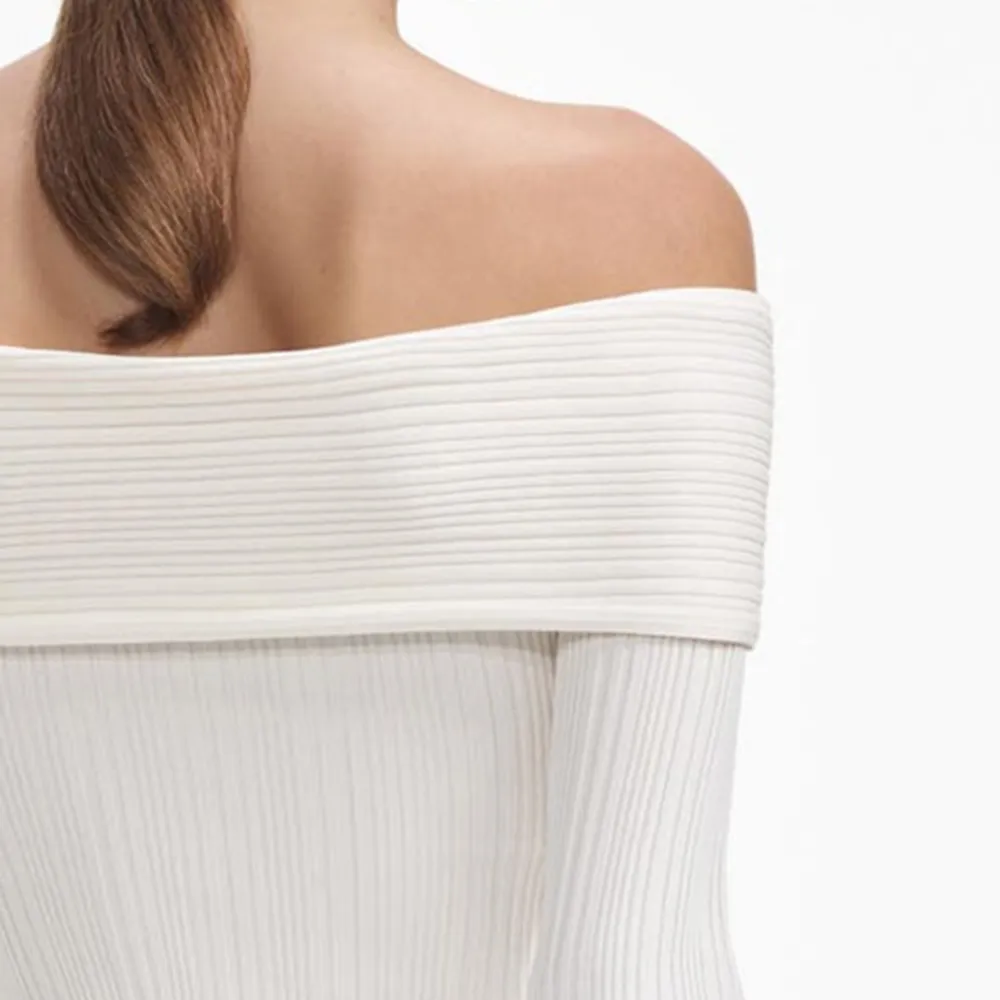 Cream Off Shoulder Knit Midi Dress