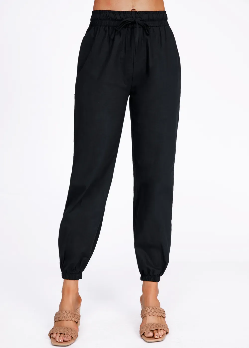 Black Drawstring Belted High Waisted Pants