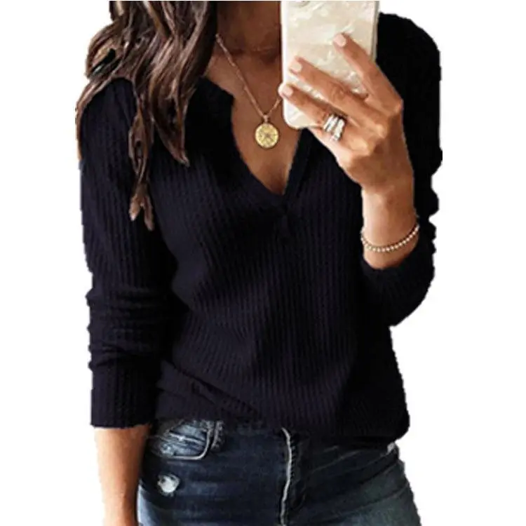 Autumn V-neck Long Sleeve Solid Splice Sweater