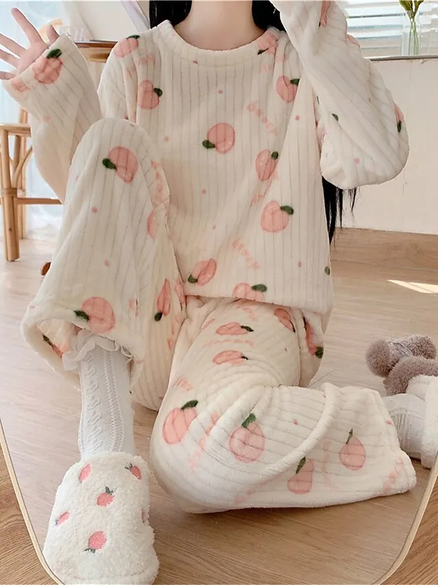 Women's Fleece Loungewear Sets Fluffy Pajama Fuzzy 2 Pieces Bear Peach Fashion Casual Comfort Street Daily Date Polyester Warm Crew Neck Long Sleeve Pant Fall Winter Lotus Pink Black