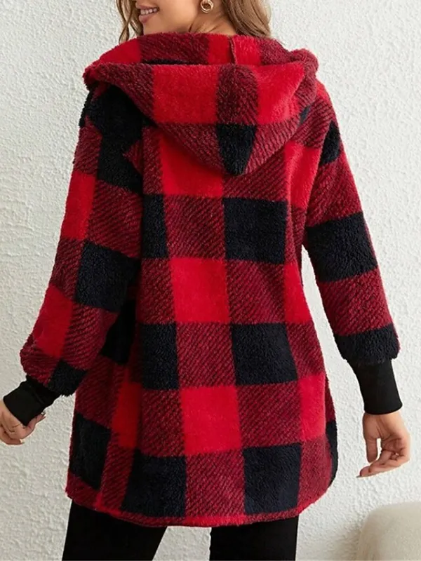 Women's Fleece Jacket Teddy Coat Hoodie Jacket Warm Breathable Street Daily Wear Vacation Going out Pocket Fleece Lined Open Front Hoodie Casual Street Style Stripes and Plaid Regular Fit Outerwear
