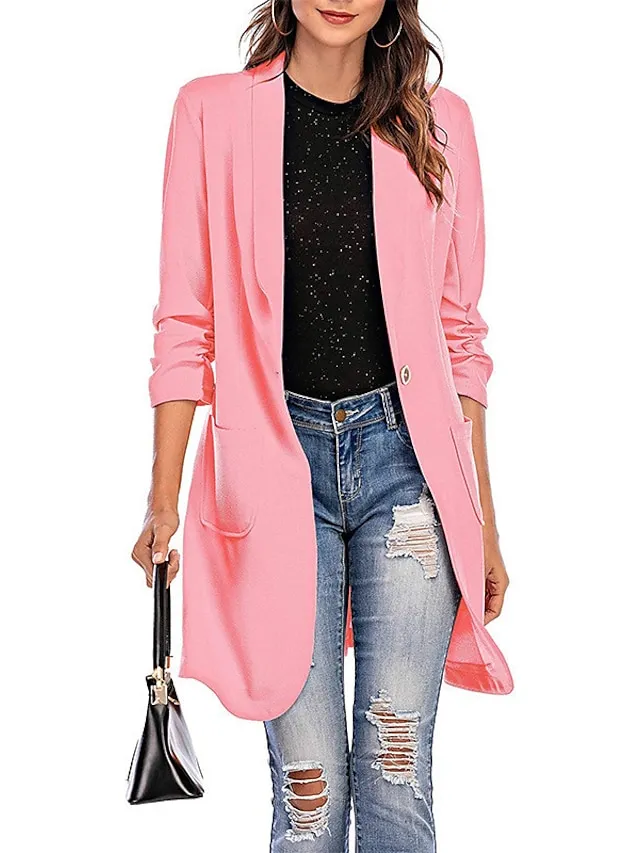 Women's Blazer Clean Fit  Casual Work Daily Fall Spring Long Coat Regular Fit Breathable Lightweight Sporty Casual Jacket 3/4 Length Sleeve Solid Color Black Pink Yellow