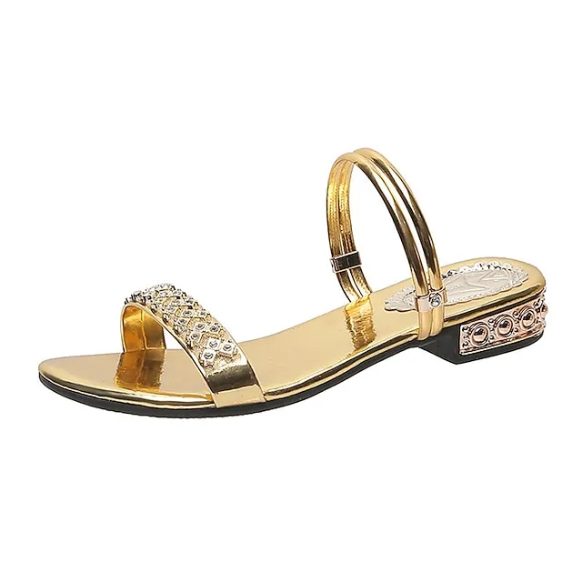 Women's Sandals Comfort Shoes Plus Size Wedding Party Daily Summer Rhinestone Low Heel Open Toe Fashion Vintage Elegant Faux Leather Loafer Solid Color Silver Pale Gold Black